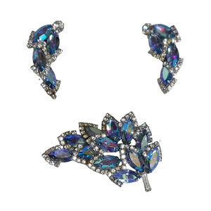 Vintage Weiss Blue‎ Aurora Borealis Leaf Brooch and Earrings set in silvertone